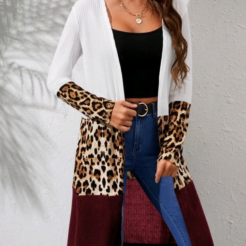 Color-block Leopard Print Open Front light knitted Coat cardigan